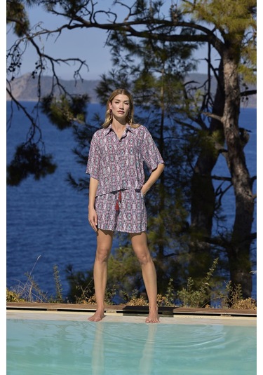 Monamise Kadın Etnik Desenli Önü Düğmeli Gömlek Yaka Alt Üst Takım 25022 Kiremit