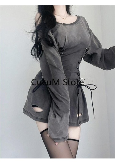 Yeni Fairycore Grunge Goth Korse Elbise Kadın Estetik Harajuku Streetwear Bandaj Ince Bodycon Elbise Y2k 90s Bağımsız Giysiler Koyu Gri