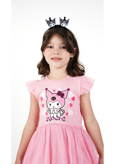 Kuromi Pembe Tül Detaylı Kısa Kollu Kız Çocuk Elbisesi Pembe