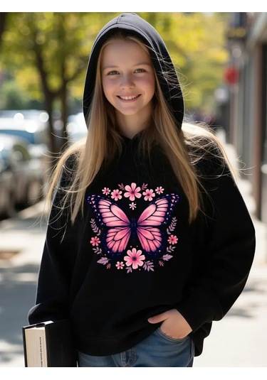 Kışlık Kapüşonlu Sweatshirt, Çocuk Pembe Kelebek Baskılı SiYAH