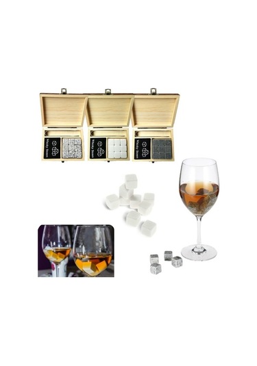 9pcs Viski Taş Seti Soğutma Taşları Ahşap Kutu Soğutma Kayaları Yeniden Kullanılabilir Buz Küpleri - Gri Gri