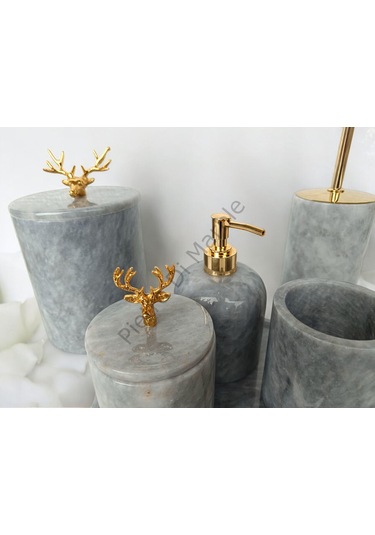 Gri Mermer Klasik Model 7 Parça Gold Renk Geyik Aksesuarlı Banyo Seti Gri
