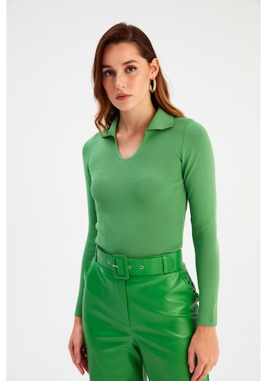 Sateen Polo Yaka Triko - Yeşil-132066 Yeşil
