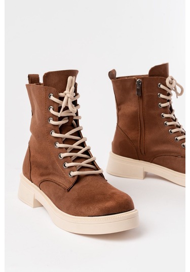 02-356 Taba Süet Düz Topuklu Bağcıklı Fermuarlı Günlük Kadın Bot Beyaz