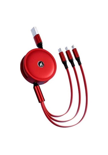 Pazly Çekilebilir 3'ü 1 Arada Usb Şarj Kablosu 1.2m Kırmızı - Kompakt & 2.5a Hızlı Şarj