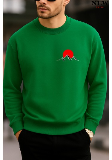 Kırmızı Dağ Baskılı Bisiklet Yaka Sweatshirt Yeşil