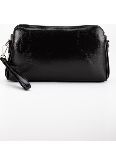 Kadın Portföy Cüzdan Çanta Siyah Rugan 3 Bölmeli Uzun Kısa Askılı-3225 Siyah