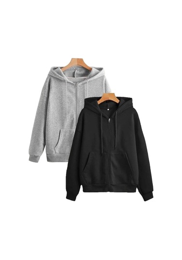 Hırsch Siyah Gri 2' Li Unisex Düz Oversize Kapüşonlu Hırka Siyah Gri