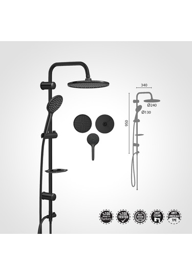 Valtemo Aqua Jet Siyah Renk Yağmurlamalı Robot Tepe Duş Seti Siyah