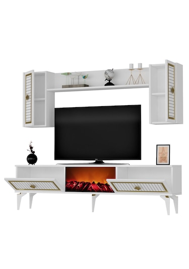 Nil Şömineli Tv Ünitesi Beyaz-altın