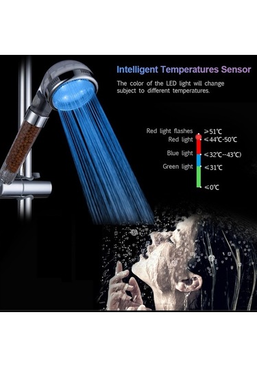 Pazly Led El Duşu İyonik Filtreli Rgb Renk Değiştiren Sıcaklık Sensörlü Pilsiz Duş Başlığı Çok Renkli