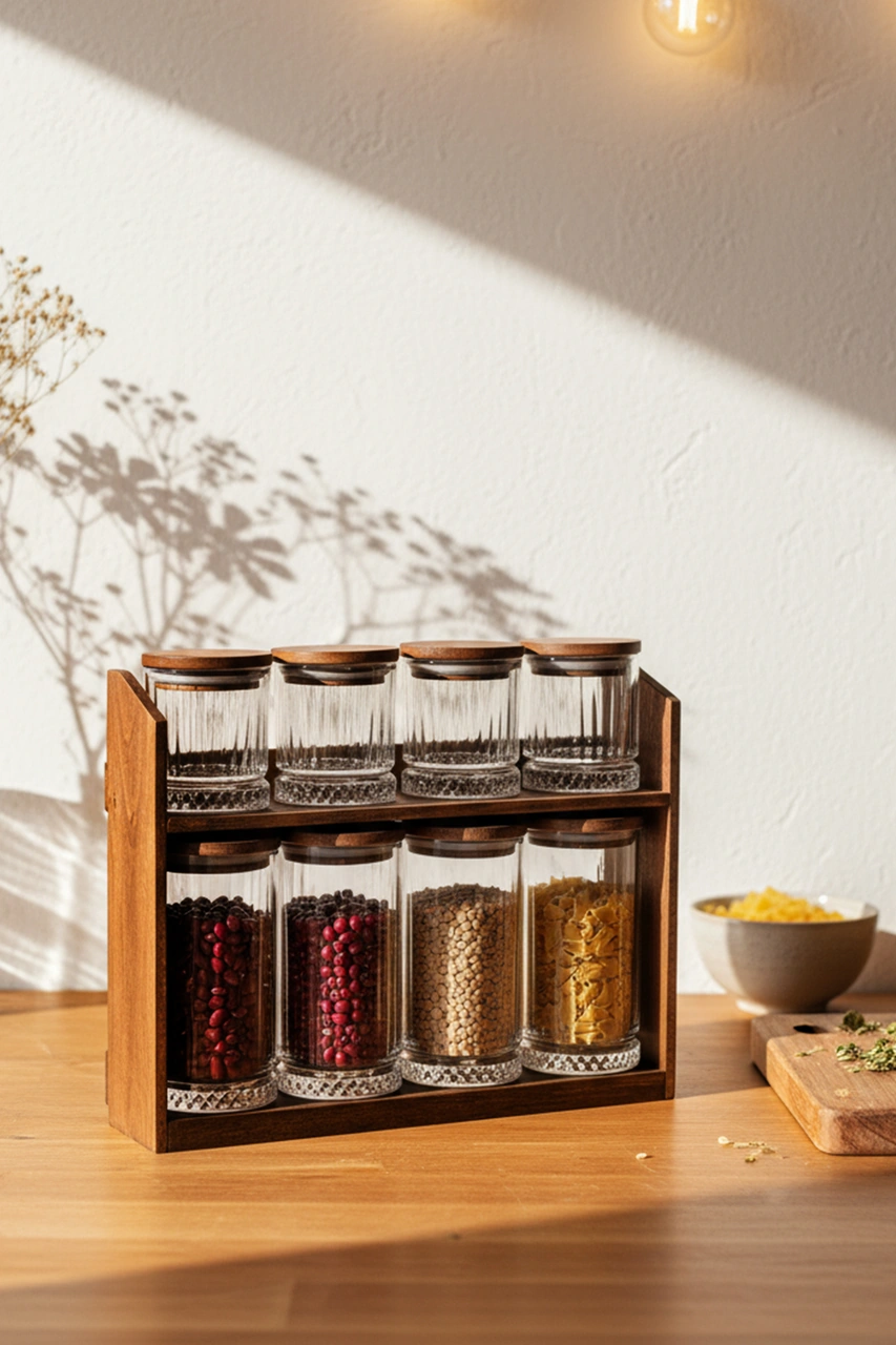 Mira Mix - 8'li Ahşap Standlı Vakumlu Ahşap Kapaklı Cam Baharatlık Takımı Saklama Kabı Seti Ahşap