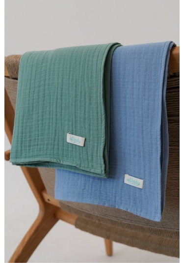 Pamuk 4 Katlı Müslin Örtü Seti 2'li İndigo Mavi ve Çağla Yeşili Mavi Yeşil