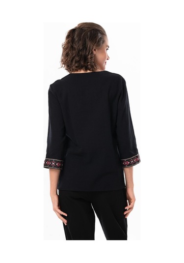 Truvakar Kol V Yaka Nakışlı Talya Şile Bezi Yazlık Bluz Siyah Syh-siyah