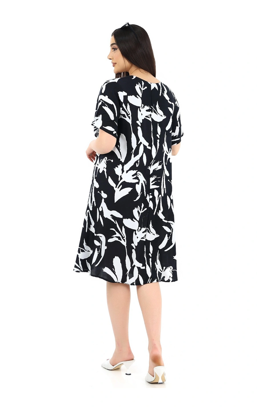 Schık Kadın Viskon Yarım Kol Kare Yaka Elbise Siyah Siyah