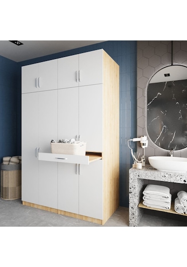 Megan Çamaşır Ve Kurutma Makinesi Dolabı Banyo Dolabı Meşe Beyaz Meşe Beyaz