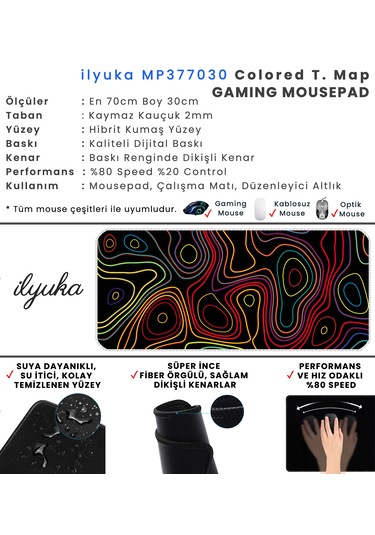 İlyuka Mousepad 70x30cm Büyük Boy Xl Mp377030 Colored Topography