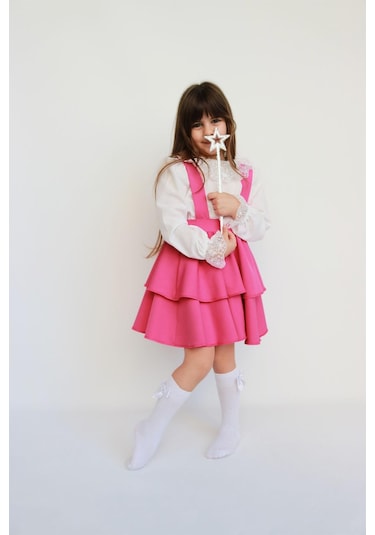 Kız Çocuk Helen Pembe Askılı Kat Kat Bağlama Jile Elbise Dantel Detay Ekru Uzun Kollu Bluz Takım