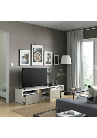 Tv Sehpası, Beyaz-parlak Cila-bej, 180x42x39 Cm, Selsvıken, Çıt Çıt Raylı Beyaz