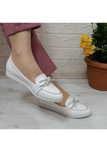 Fiyra 4012 Beyaz Taş Kurdeleli Kaymaz El Yapımı Kadın Babet 001