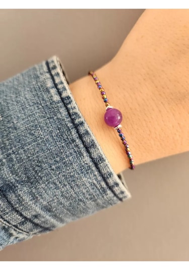 Ametist Ve Hmeatit Taşı Minimal Bileklik Çok Renkli