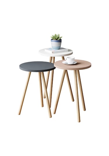 İntergo Renkli Üçlü Ahşap Ayaklı Yuvarlak Pastel Tasarım Zigon Sehpa Beyaz-Cappuccino-Gri