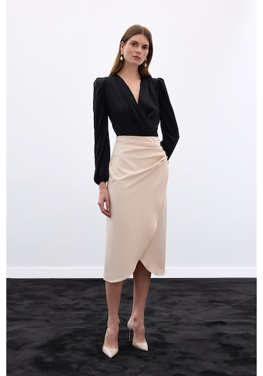 Sateen Düğme Detaylı Kalem Etek - Bej-136777 Bej