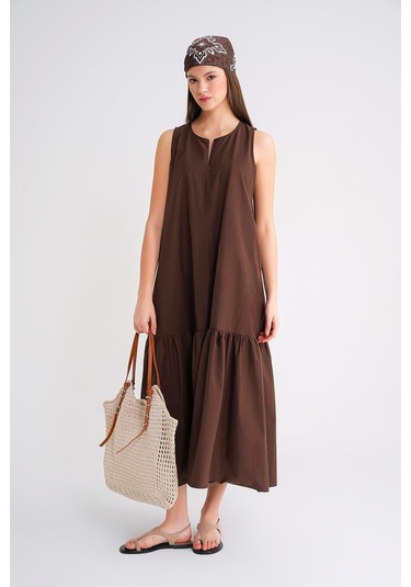 4695 Kadın Eteği Pileli Fermuar Detaylı Uzun Paraşüt Elbise Kahve Kahve