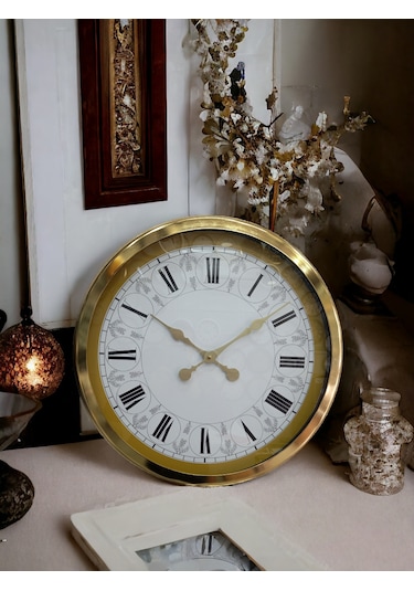 Gold Metal Çerçeveli Salon Otel Ofis Duvar Saati Çap 60 Cm Altın