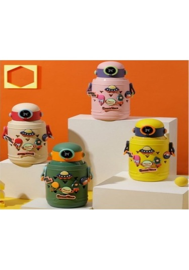 Hangfox 304 Çelik Çocuk Termos Bardak 500ml 3 Kapağı 6 Saat Isı Saklama Anti-düşme Kılıflı Renkli Yeşil