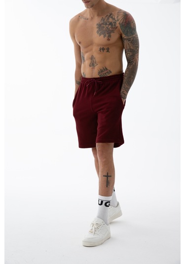 Erkek Bordo Yüksek Kalite Relax-fit Rahat Kesim %100 Pamuk Bağcıklı Siyah Düz Basic Şort Bordo
