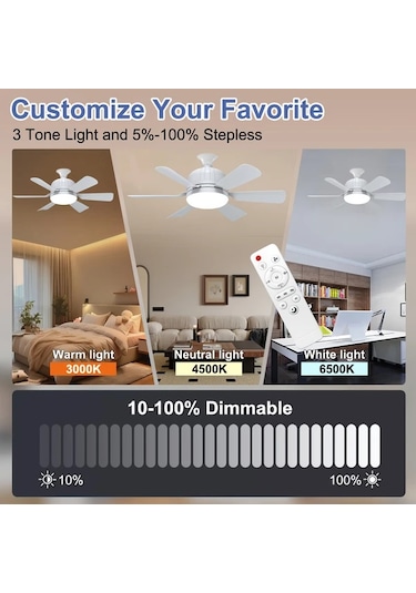 Motion003 Uzaktan Kumandalı 40w Beyaz Akıllı Tavan Vantilatörü Işığı Beyaz Altı Bıçaklı Fan Işık 3 Hız Ayarlı E27 Tabanlı 3000k 6500k