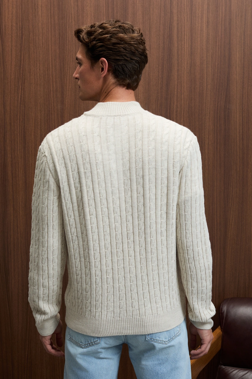 Grımelange Ivar Erkek Yarım Fermuarlı Dik Yakalı Saç Örgü Desenli Triko Taş Rengi Kazak Taş