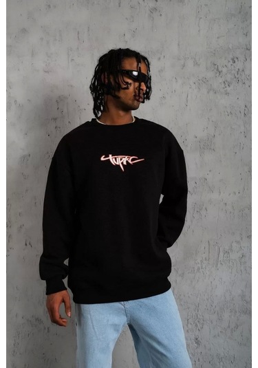 Erkek 3 İplik Gangster Baskılı Sweatshirt - Siyah Siyah