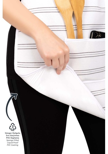 Morlay  İnce Çizgili ﻿﻿Mutfak Önlüğü Fırın Eldiveni ve Tutacak Takımı Mutfak Çeyiz Seti 4'lü Beyaz - Gri