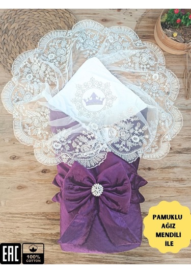 Kadife Kız Bebek Battaniyesi Dantelli Kundak Hastane Çıkışı Yenidoğan %100 Doğal Pamuktan Hediyelik Mor