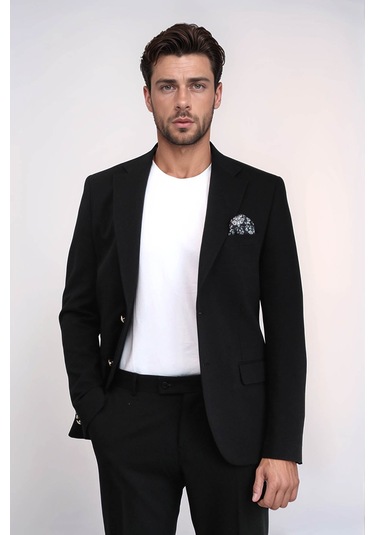 Siyah Kendinden Desenli Örme Altın Renk Metal Düğmeli Slim Fit Erkek Blazer Ceket - Wessi Black Siyah Kendinden Desenli Örme Altın Renk Metal Düğmeli Slim Fit Erkek Blazer Ceket - Wessi Black