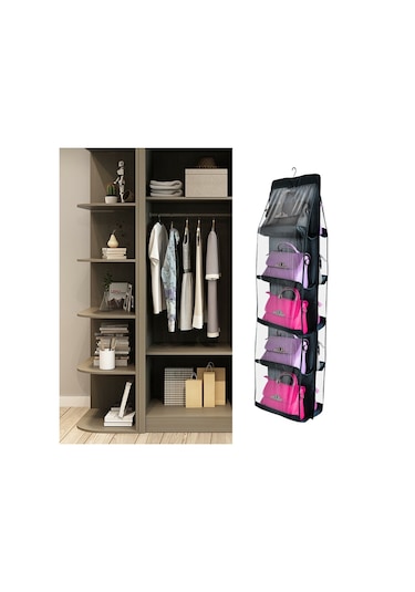 Çanta Saklama Düzenleyici Dolap İçi Çanta Askısı 10 Gözlü Şeffaf Pembe