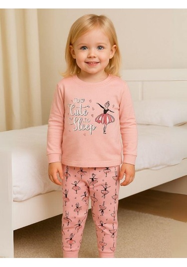 Kız Çocuk Pamuklu Balerin Baskılı Pijama-16018 Pembe