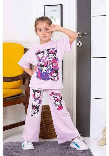 Tunays Shopping Oversize İspanyol Paça Kuromi Baskılı Kız Çocuk Takım Lila