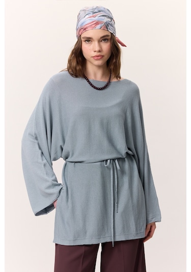 Triko Kuşaklı Tunik Mavi Mavi