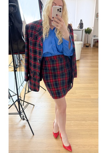 Modaonna Ekose Desen Kalem Etek Kırmızı