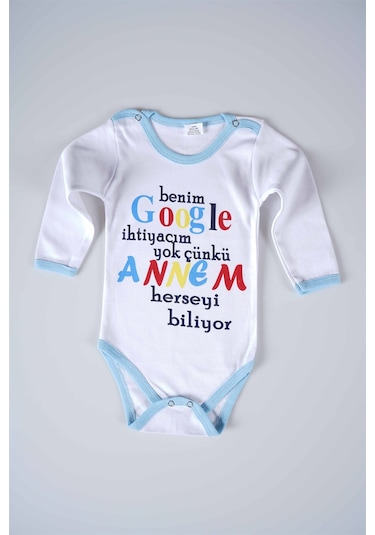 Yeni Sezon Google Annem Yazılı Bebek Çocuk Uzun Kol Pamuk Bady Zıbın Mavi