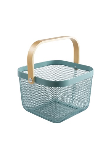 Sones Kare Ahşap Saplı Örgü Sepet Atıştırmalık Meyve Saklama Sepeti Mavi