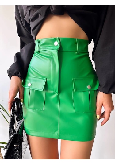 Önden İki Cepli Deri Etek Yeşil H240040 Yeşil