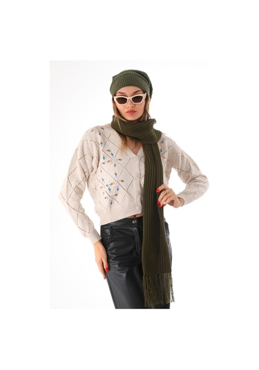 Kadın Ipli Bere Haki Selanik Örgü Atkı Takım Haki