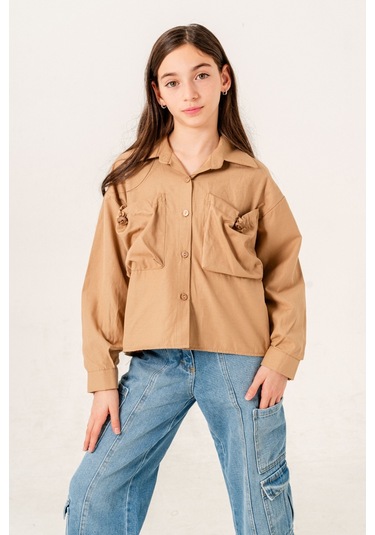 Kız Çocuk Körük Cepli Gömlek 3155 Bej