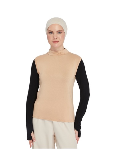 Organik Kolsuz Balıkçı Yaka Likralı Kadın Sıfır Kol Body Koyu Bej