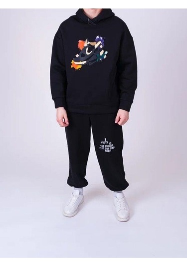 Erkek Çocuk Spor Ayakkabı Baskılı Kapüşonlu Sweatshirt-13543 Siyah