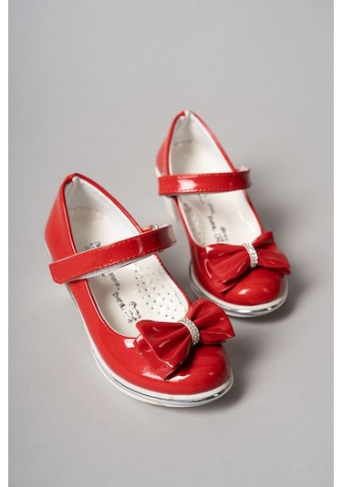 Gimer - Topuklu Fiyonklu Kırmızı Rugan Kız Çocuk Ayakkabı - E... Kırmızı